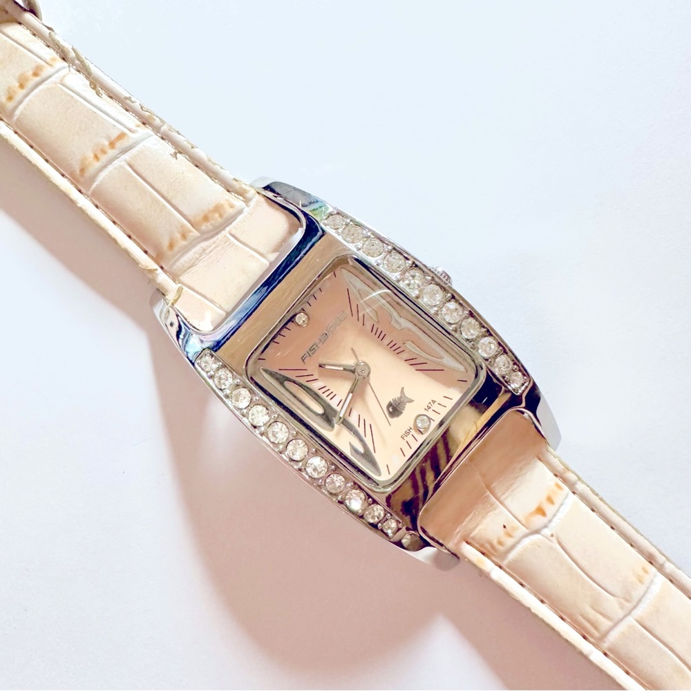 FISHBONE Creamy Blush Crystal Embellished Vegan Faux Alligator Leather Watch